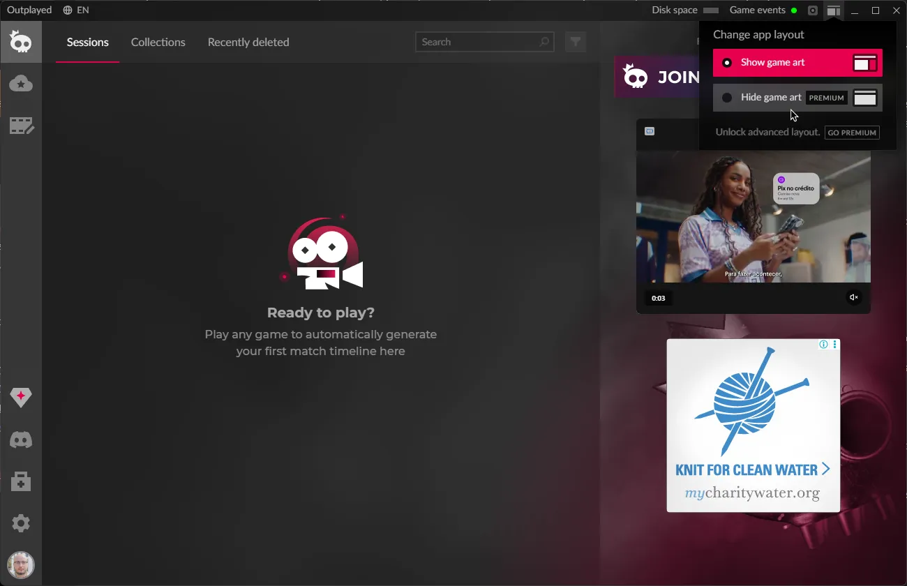 Outplayed before instrumentation, with the GO PREMIUM button and ads visible in the interface.