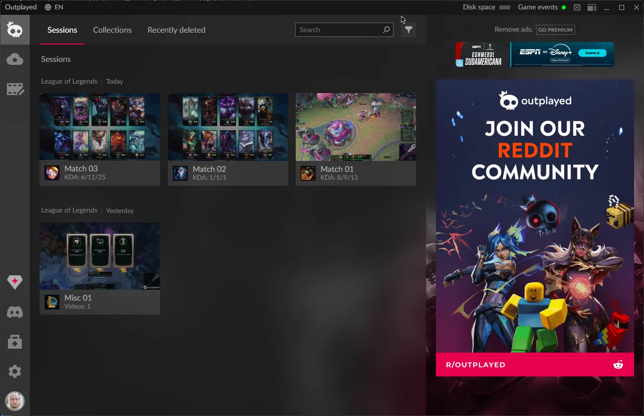 The Outplayed main screen with ad removal locked behind premium and ads occupying the interface.